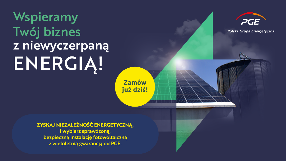 Baner Wspieramy Twój biznes z niewyczerpaną energią. W tle panele fotowoltaiczne zainstalowane na dachu oraz silos.