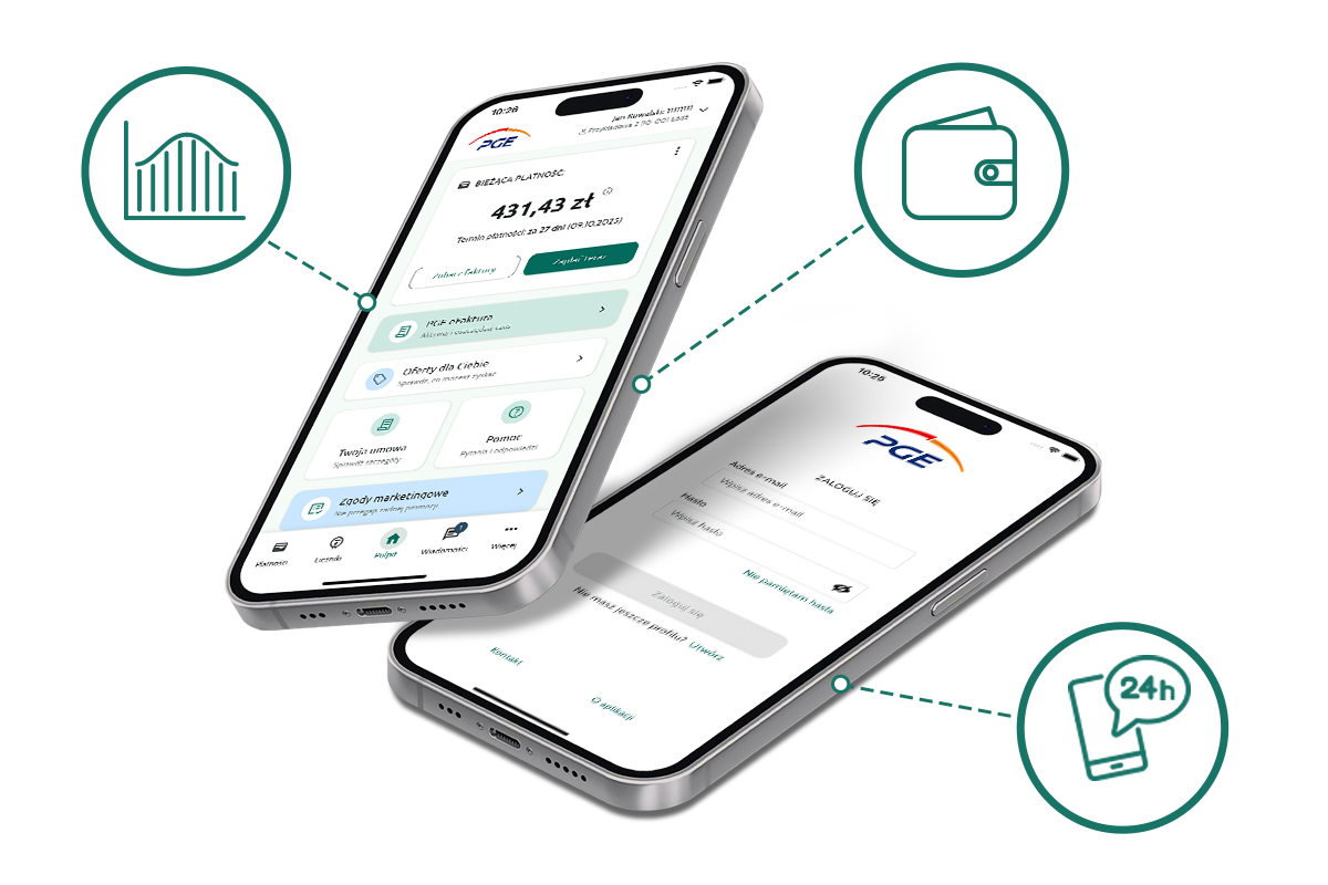 Dwa smartfony gdzie na ekranach wyświetlana jest aplikacja Moje PGE