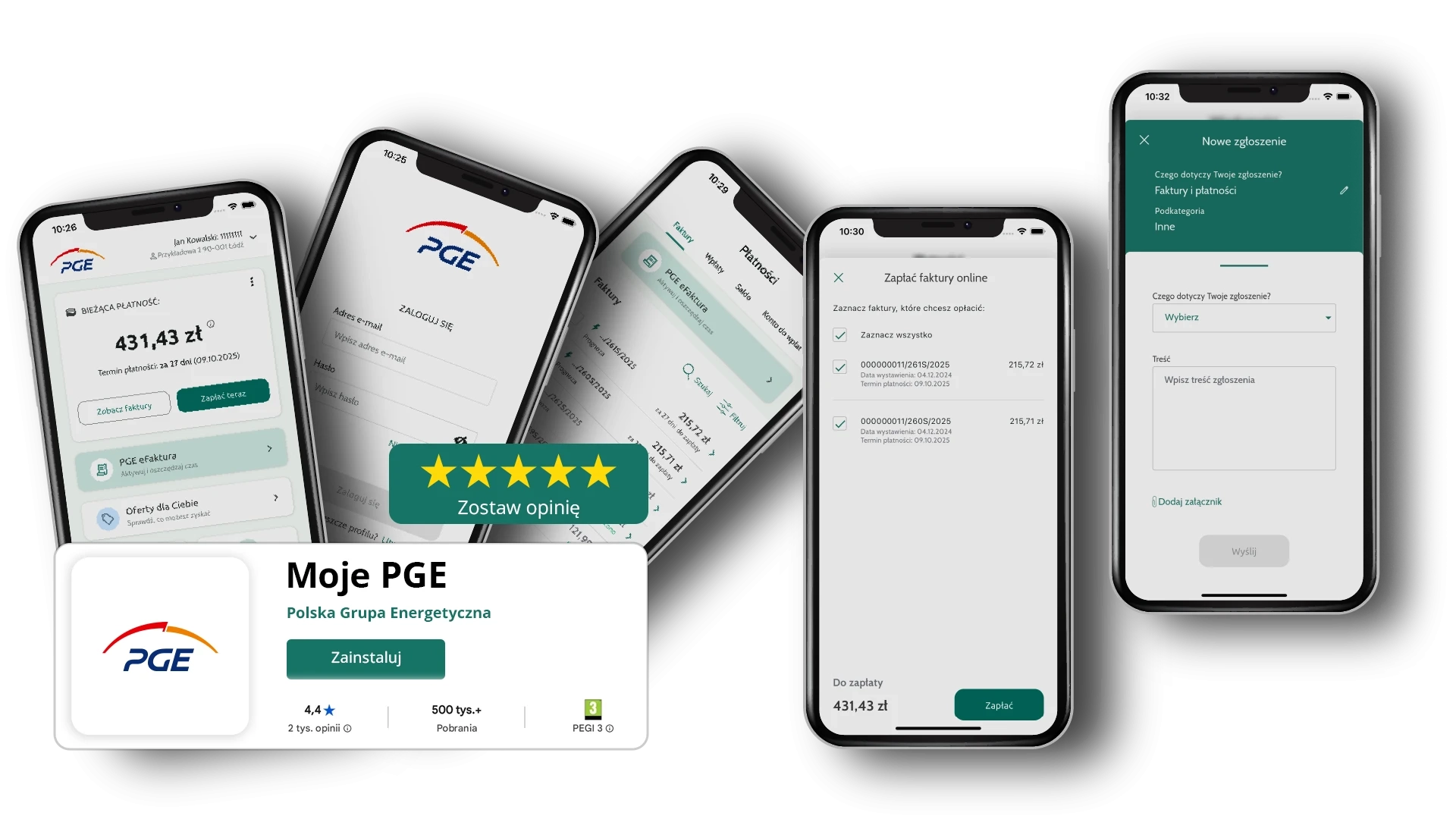 Widoki ekranów w aplikacji Moje PGE